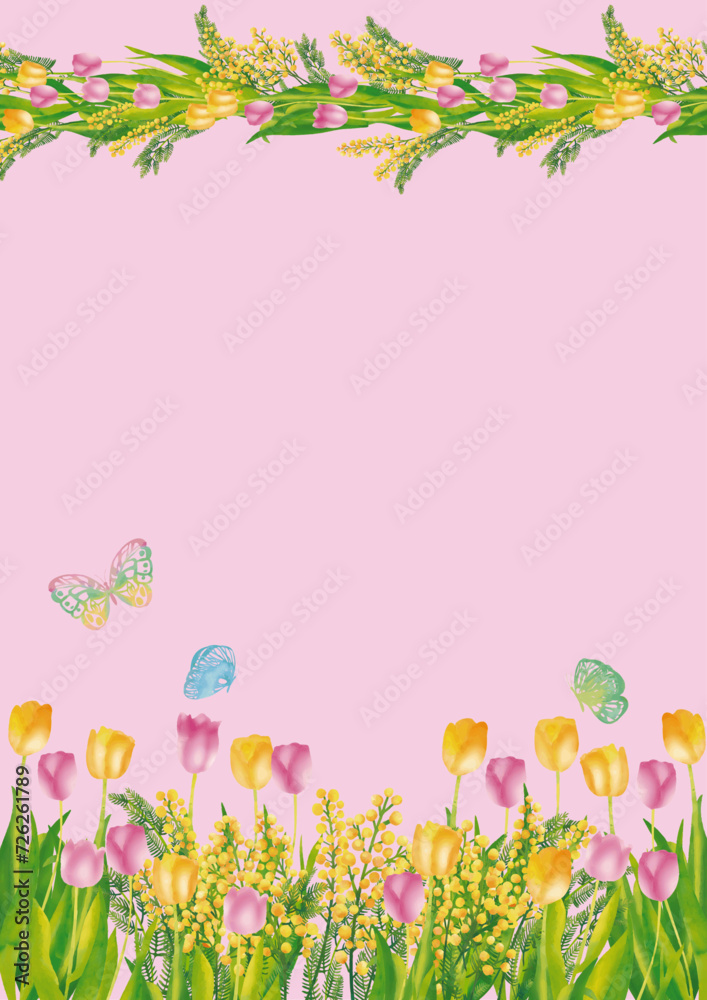水彩風　ピンクと黄色チューリップ・クローバー・蝶々　フレーム　縦