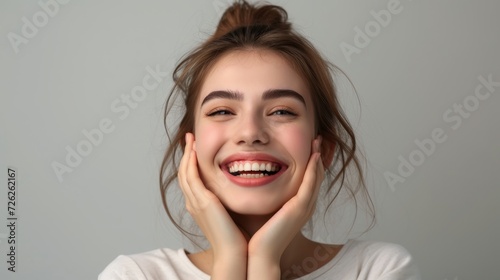 Success and joy in young woman's smile, isolated on grey