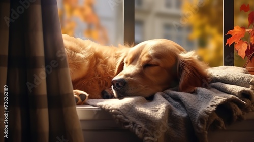 Dreaming Dog Sleeps on Cozy Warm Windowsill