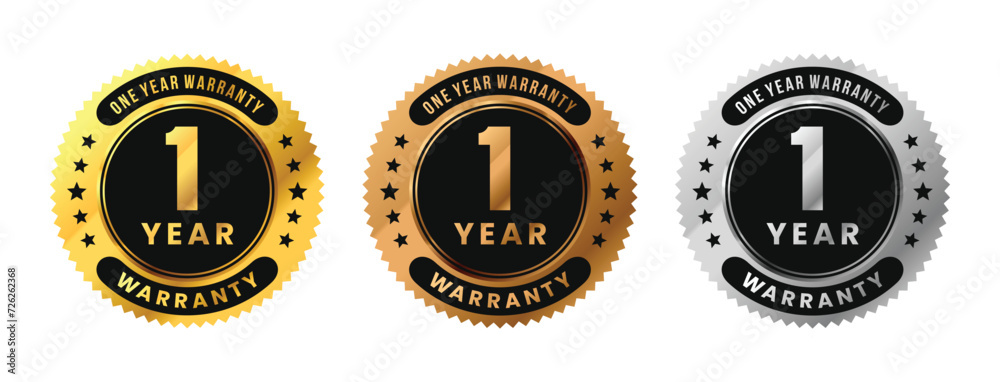 Label 1 year warranty in gold, silver, bronze premium luxury design. One years warranty. Vector Illustration