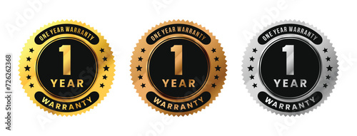 Label 1 year warranty in gold, silver, bronze premium luxury design. One years warranty. Vector Illustration