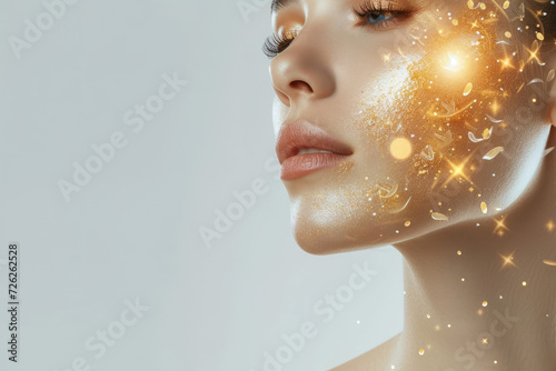 Beautiful woman portrait with gold hydrating serum molecules structure on the face photo