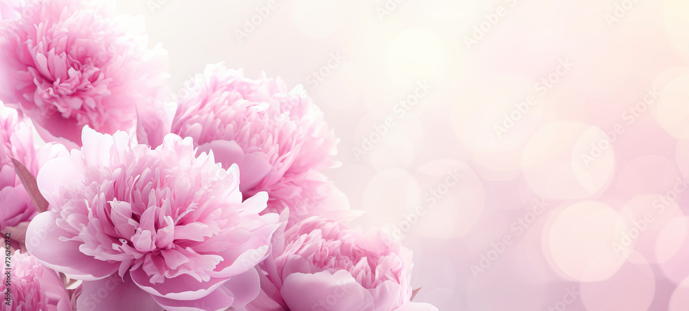 Hand drawn peony flowers on pink background for mother day card template with copy space