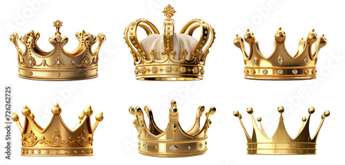 collection of 3D king crown illustrations, on transparency background PNG photo