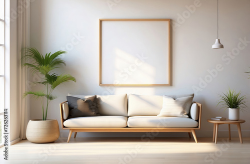 Wooden sofa with beige pillow  in white clean wall with big poster wood frame with copy space mock up