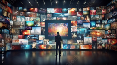 vibrant multimedia video and image wall display on tv screens - digital media entertainment concept photo
