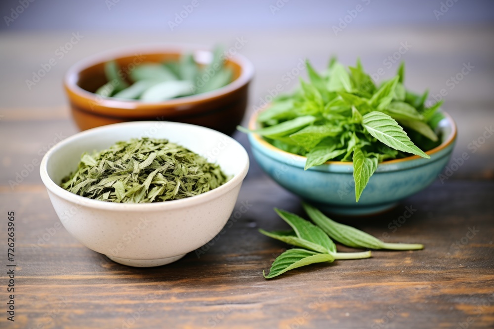 green and dried stevia leaves in different bowls