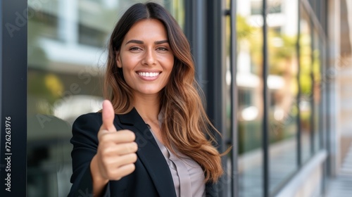 Thumbs up from successful businesswoman, outside her office