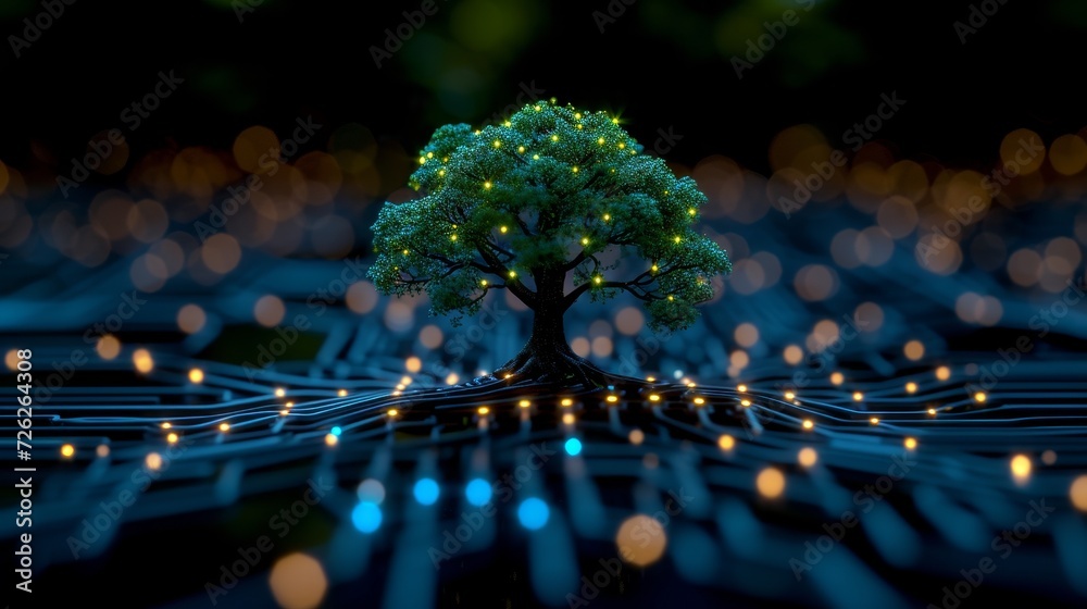 A tree grows on a circuit ball with digital and technological convergence. A blue light background and wireframe network backdrop. The concepts of Green Computing, Green Technology, Green IT, CSR and