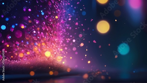 A colorful and bright image of a purple and pink explosion with yellow bokeh particles scattered throughout the scene. photo