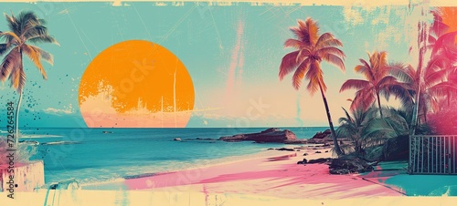 A vintage cut-and-paste beach scene, where a bold orange sun meets cyan skies and a teal ocean. 