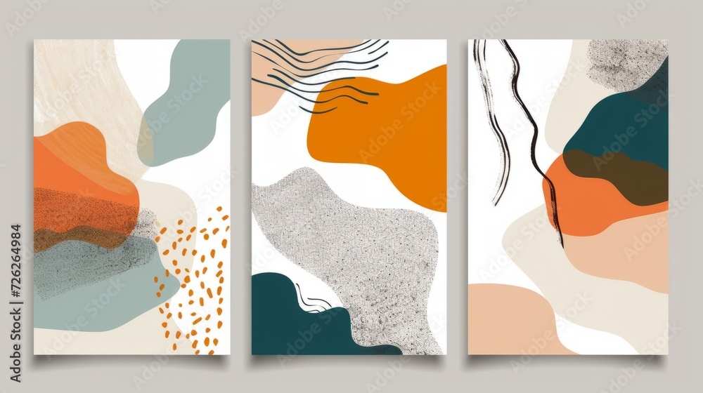 A set of three abstract art vector illustrations. Creative minimalist hand drawn vector illustration, vector design for wall decor, wallpaper, poster, card, mural, carpet, hanging, print