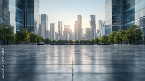 3D rendering of a modern city with a beautiful view and empty floor in front photo