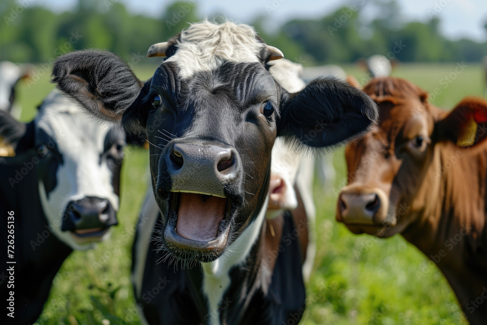 close view of laughing funny happy cows
