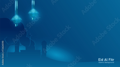 Eid Al Fitr background, shinny blue islamic background with copy space area