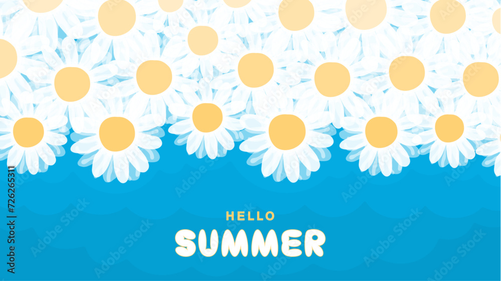Fun summer billboard in groovy style. Cartoon daisies on a sky background. Vector artwork Fun summer billboard in groovy style. Cartoon daisies on a sky background. Vector artwork