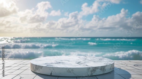 Tropical beachfront marble podium  blurred ocean horizon