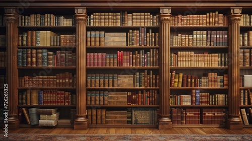 Bookshelves in the library with old books 3d render 3d illustration