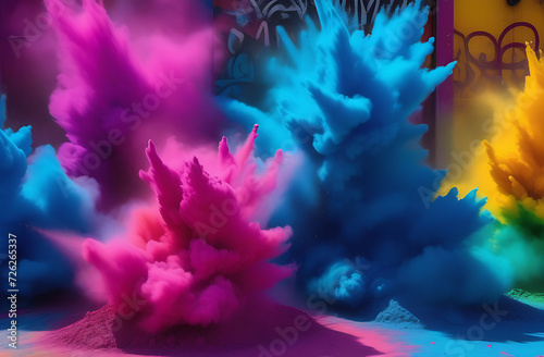 Holi color explosions, focusing on dynamic patterns and textures of powdered pigments on city walls background