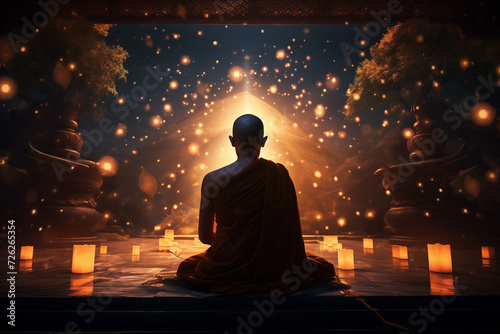 Sacred Serenity: Monk Embracing Cosmic Harmony in Ancient Temple Meditation