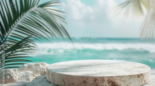 Tropical sand podium in marble, sea softly blurred in background