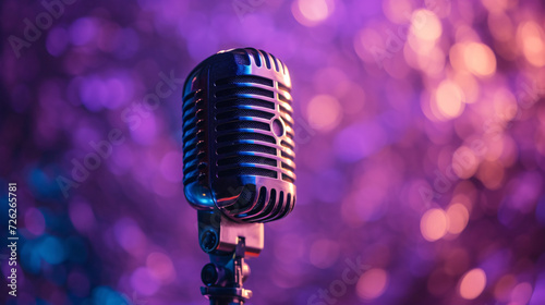Retro microphone on purple disco background