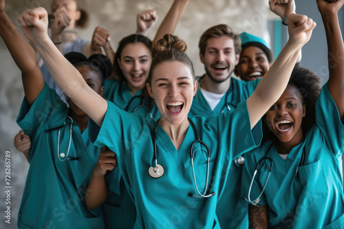 team of students wearing nurse uniform cheers for joy, medical education concept