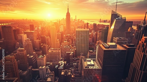 View from the roof of a modern city with tall office and commercial buildings at beautiful sunset. Developed business district with high skyscrapers with contemporary architecture in New York