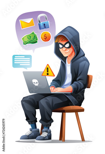 Hacker sitting with laptop for computer attack. Cyber attack and security concept. Vector cartoon illustration