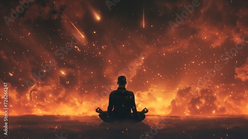Man sitting in lotus position on background of falling meteorites