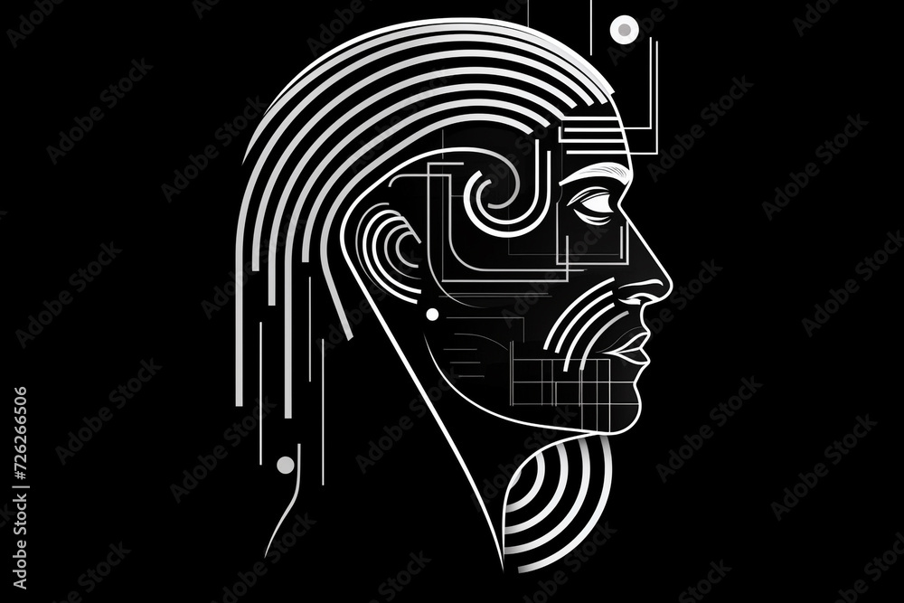 Fine-art portrait concept. Abstract and surreal dreamlike beautiful man minimalist portrait. Sketch, three dimensional, tiny detailed drawing style. Black and white image