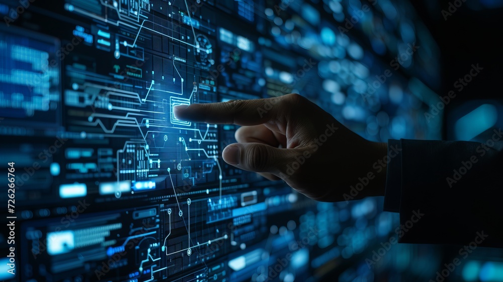 Closeup of a man touching future on a digital screen Closeup of a man touching future on a digital screen