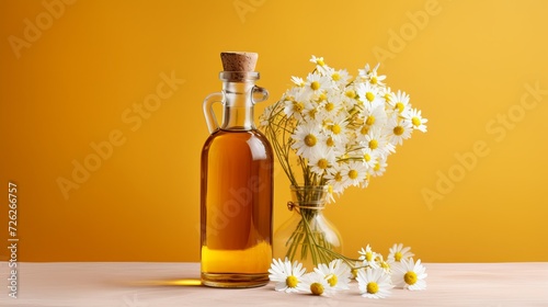 Chamomile oil bottle and flowers on pastel background, serene ambiance with space for text, design