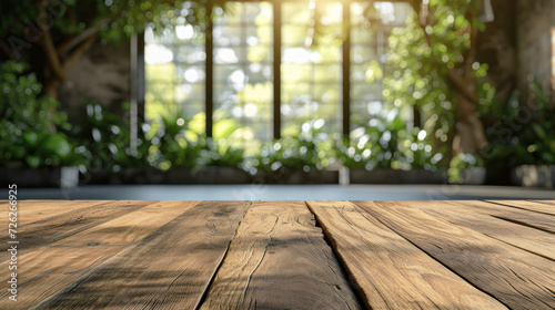 Wooden table with studio loft background. Product display mockup concept.