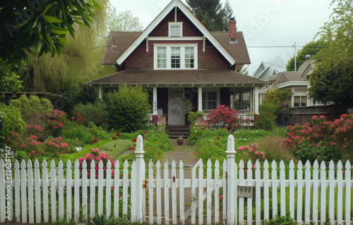 front of a house is surrounded by a white picket fence
