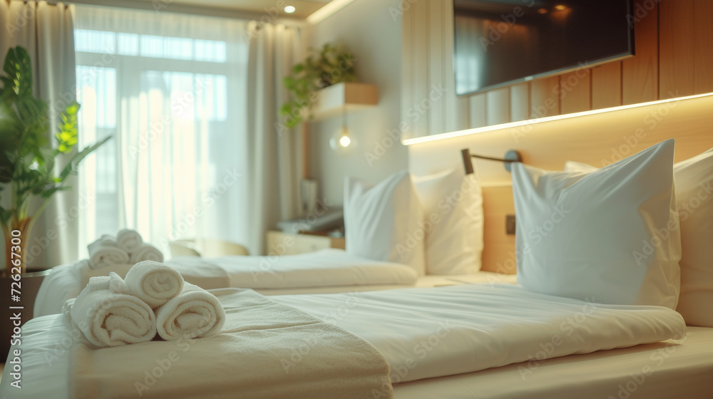 Ambient Hotel Bedroom with Welcoming Bed Detail.
A warm, ambient hotel bedroom focusing on the comfort of a well-prepared bed with towels. Ambient Hotel Bedroom with Welcoming Bed Detail.
A warm, ambient hotel bedroom focusing on the comfort of a well-prepared bed with towels.