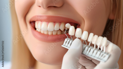 Young woman choosing color of teeth