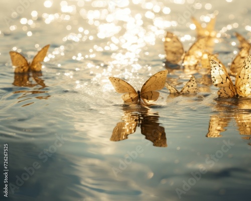 Golden butterflies on reflective sun lake water. Glittering winged insects floating over bright aquatic surface. Generate ai photo