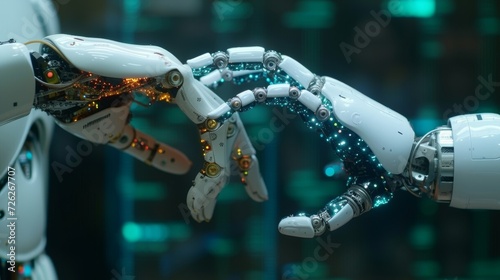 Artificial intelligence, machine learning, robotic and human hands touching big data networks, data exchange, deep learning, science and artificial intelligence technology, and innovation in the