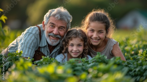 A senior couple and their granddaughter work in the backyard garden together.