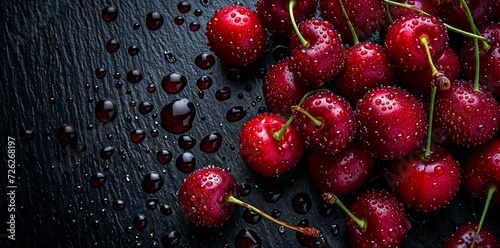 A vibrant cluster of juicy cherries glistening with refreshing water droplets, embodying the essence of nature's delicious and nourishing superfood photo