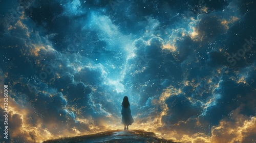 The girl is walking into a dream pathway, the future is filled with dreams, the sky and stars, a fantasy illustration logo design photo