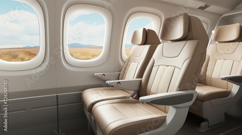 Empty business class passenger seats in the cabin of a commercial aircraft, plane interior