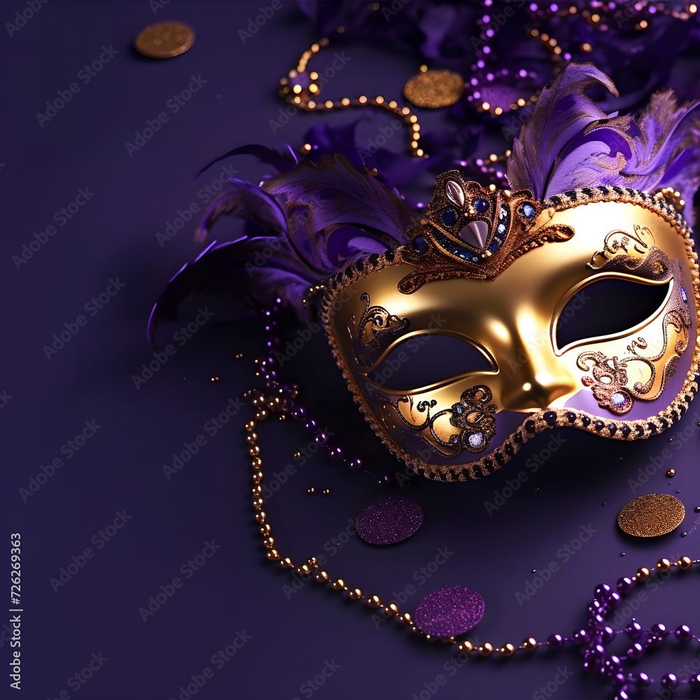 venetian carnival mask , Mardi Gras , beads on purple background