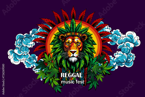 Hand Drawn vector banner depicting a lion with dreadlocks, with marijuana leaves, as a symbol of the Rastafarian subculture in colors of Jamaica. Poster for music reggae festival