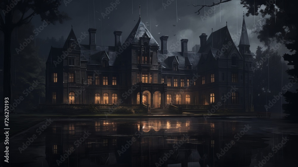 Gothic castle illustration majestic medieval fortress and tower in dark and moody atmosphere