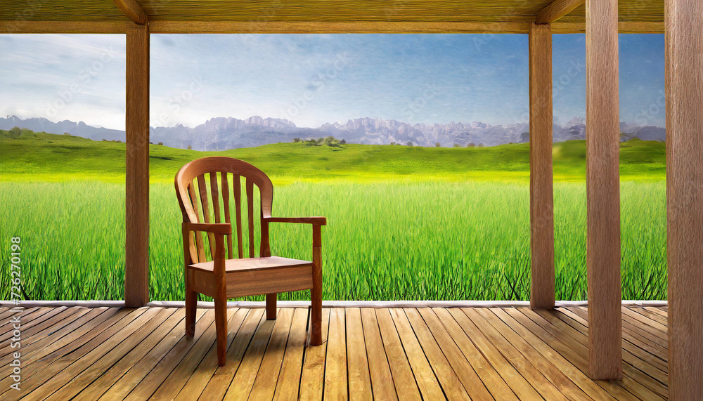  Beautiful view of a wooden chair on a porch in front of a grass covered field