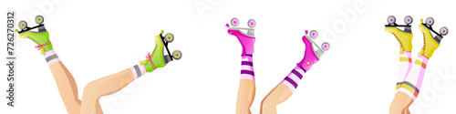 Set of Roller skates and female legs. Girls wearing roller skates. Hand drawn trendy vector illustration of legs and rollerblades for web banner, poster, card