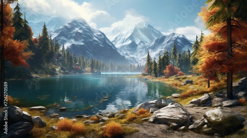Mountains  Forests  and a Lake in a Watercolor Landscape  