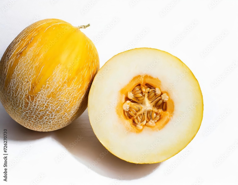 Generated image whole and sliced melon isolated on white background Generated image whole and sliced melon isolated on white background